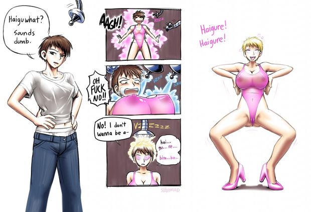 bimbofication blonde_hair brain_drain breast_expansion brown_hair cameltoe comic empty_eyes erect_nipples expressionless eye_roll femsub haigure happy_trance high_heels large_breasts open_mouth original see-through short_hair sleepymaid spiral_eyes symbol