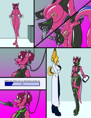 alternate_hair_style blonde_hair bottomless butt_plug cleavage comic dog_girl fox_futa furry futanari futasub gag glowing_eyes happy_trance lab_coat large_breasts latex long_hair mccrazy nude open_mouth original penis purple_hair robotization scientist sh