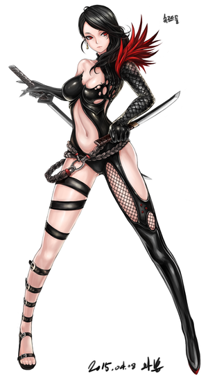 1girl 2015 black_hair blade_&_soul bodysuit breasts center_opening character_request cleavage dated dual_wielding earrings elbow_gloves gloves jewelry katana knife long_hair mhg_(hellma) mismatched_footwear navel red_eyes sandals signature simple_backgrou