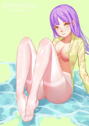 1girl absurdres al2 areolae bandaid bandaids_on_nipples bent_knees breasts character_name cleavage copyright_name feet green_background highres large_breasts long_hair looking_at_viewer mole mole_under_eye no_bra no_shoes open_clothes open_shirt panties p