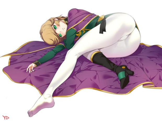 1girl ass audrey_burne blonde_hair cape feet green_eyes gundam gundam_unicorn highres military military_uniform mineva_lao_zabi pantyhose short_hair simple_background solo toes uniform white_legwear yang-do