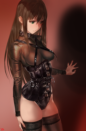 1girl artist_name bangs belt black_legwear black_nails breasts brown_hair buckle bustier collar corset dominatrix ear_studs earrings gradient gradient_background green_eyes idolmaster idolmaster_cinderella_girls jewelry lace lace-trimmed_thighhighs leathe