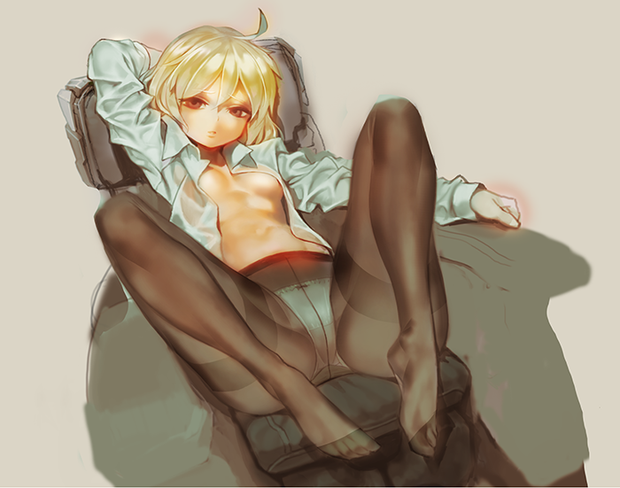 1girl ahoge blonde_hair bow bow_panties breasts brown_eyes chair crotch_seam feet head_tilt knight_run looking_at_viewer lying no_bra no_shoes on_back open_clothes open_shirt panties panties_under_pantyhose pantyhose pray_meyer shirt short_hair simple_bac