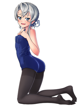 0625a 1girl :d barefoot blonde_hair feet green_eyes grey_eyes kantai_collection kneeling nowaki_(kantai_collection) open_mouth pantyhose pantyhose_under_swimsuit ponytail school_swimsuit short_hair silver_hair simple_background smile stretch swimsuit toes