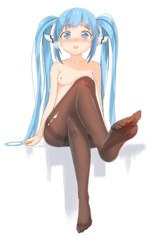 1girl blue_eyes blue_hair blush breasts breath feet highres legs_crossed nipples no_shoes nymph_(sora_no_otoshimono) pantyhose pokan_(xz1128) simple_background sitting solo sora_no_otoshimono tears toes topless twintails white_background