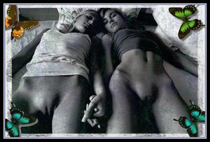 Interesting no panties BFF sister pic with artistic butterfly overlay black and white with splash of color.