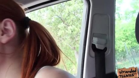Cheer leader Eva is on hurry for competition. She hitch hikes but the driver wants to see her tits. She nip slips then she sucks his dick.