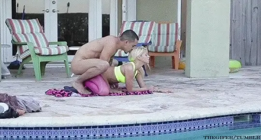 Fit blonde fucked by pool