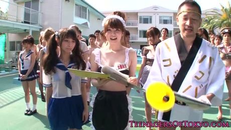 Cosplay teens cockriding at pool party