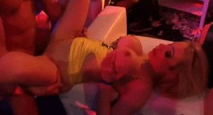 Big titted blonde fucked on table