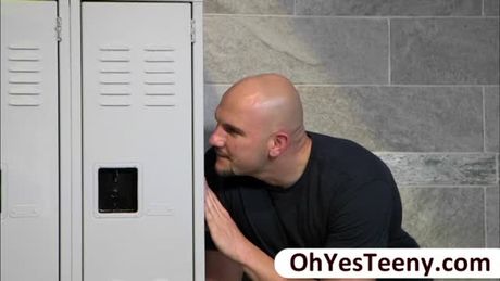 Teen hotties Kymberlee and Khalie finish their work out. A guy sneaks into them and they bust him jerking.