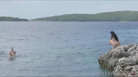 Russian brunette babe Taissa lay back on her beach towel and spread her legs wide to take his boyfriends hard cock deep inside her.