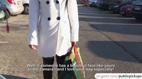 Longhair brunette babe Nancy gets picked up by a handsome stud in a parking lot. She follows himto his place then she shows her body.