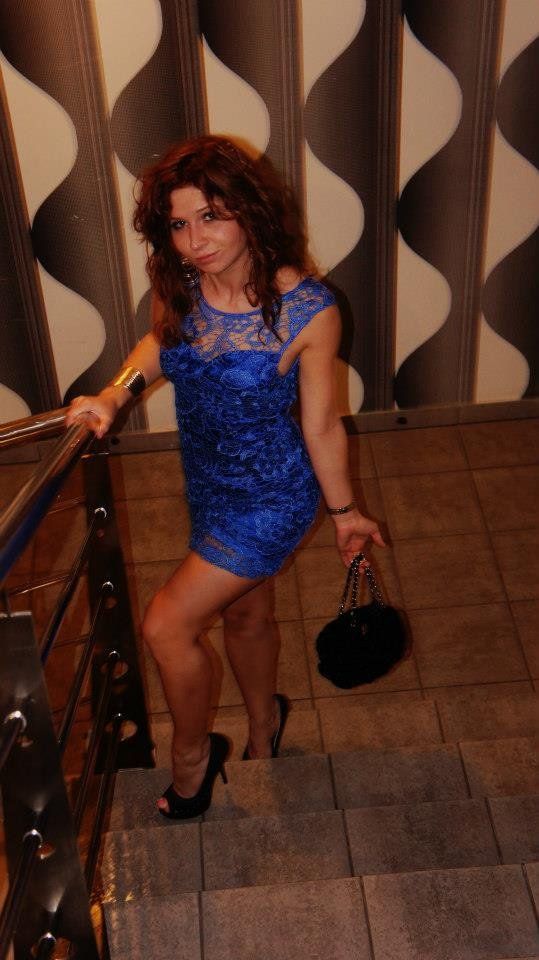 Sexy redhead chick in really tempting blue lace dress