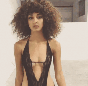 curly hair super model ebony babe in lingerie walk