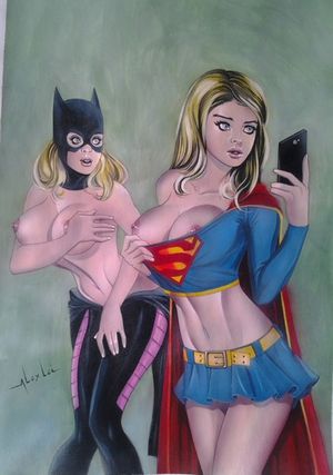 Supergirl surprises Stephanie Brown Batgirl with a selfie by Alex Lei Comic Art