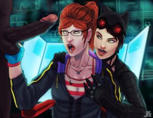 barbara_gordon bbc black_hair catwoman clothed_female_naked_male freckles glasses gloves goggles green_eyes groping hand_on_tit interracial looking_at_penis open_mouth pumpkinsinclair_(artist) red_hair redhead yellow_eyes