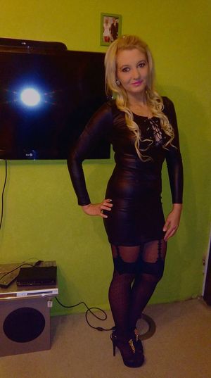 Slutty blonde in her new trashy-slut like party dress