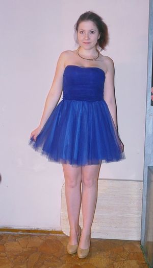 Hot brunette chick in blue princess style dress
