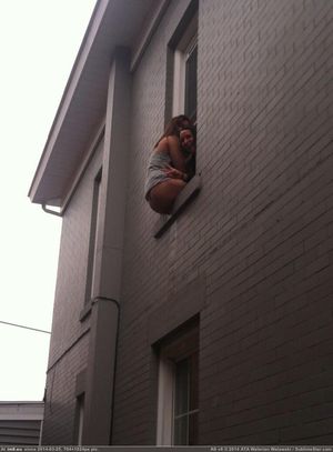 Teen peeing out the window