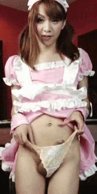 animated animated_gif asian brown_hair dress_lift newhalf nurse panty_pull penis photo solo trap uncensored