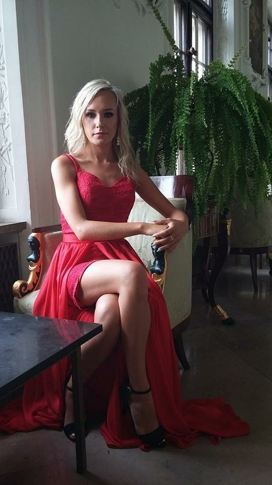 Nice blonde in red evening dress