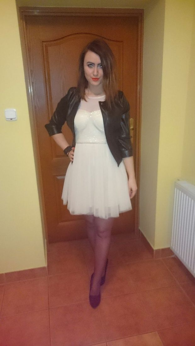 Nice brunette in cute'n sexy white dress and black leather jacket