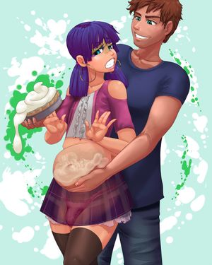 blue_eyes blue_hair bulge cum cum_inside earrings femboy gay girly inflation majalis navel panties see-through skirt standing thighhighs trap twintails x-ray yaoi