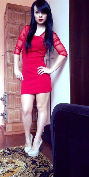 Brunette in simply red dress
