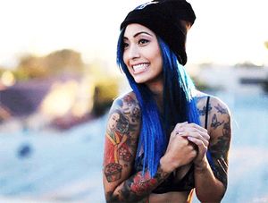 Blue haired alt chick in bra