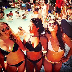 Sexy blonde teen squeezed boobs into friends bikini at a pool party