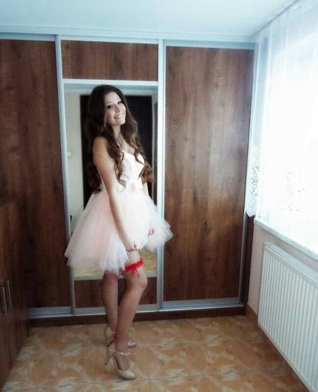 Brunette in cute pink dress and some dance heels