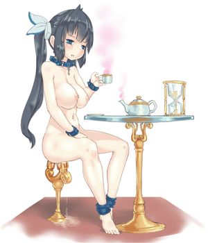 anklet black_hair blue_eyes collar cup dungeon_ni_deai_wo_motomeru_no_wa_machigatteiru_darou_ka female hair_ribbon hestia_(danmachi) hourglass jewelry long_hair navel nude pussy_juice ribbon sitting solo table teacup teapot twintails very_long_hair yakou_
