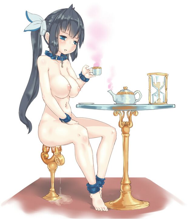 anklet black_hair blue_eyes collar cup dungeon_ni_deai_wo_motomeru_no_wa_machigatteiru_darou_ka female hair_ribbon hestia_(danmachi) hourglass jewelry long_hair navel nude pussy_juice ribbon sitting solo table teacup teapot twintails very_long_hair yakou_