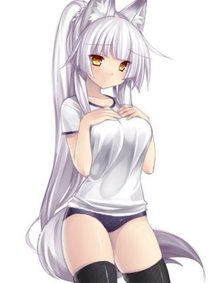 white hair, white t-shirt