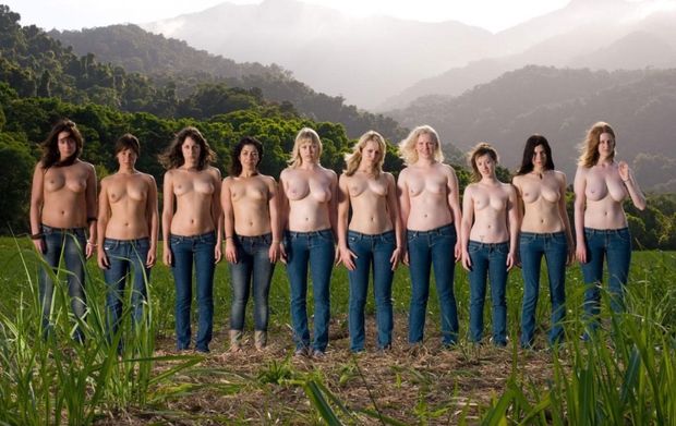Group of sexy topless women in jeans pick your order to fuck