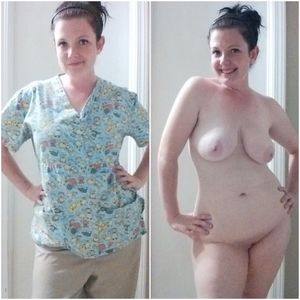 Dark haired pale skinned nurse with nice tits and shaved pussy