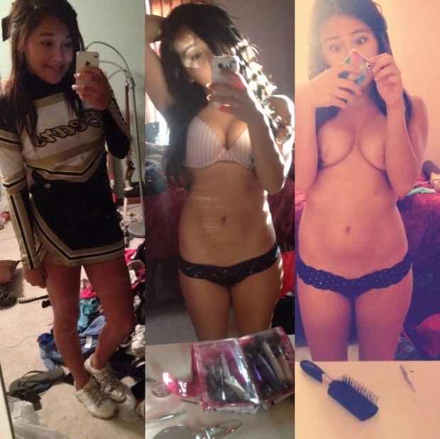 Cheerleader in the mirror showing her tits