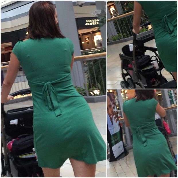 Mom in green dress with thong outline