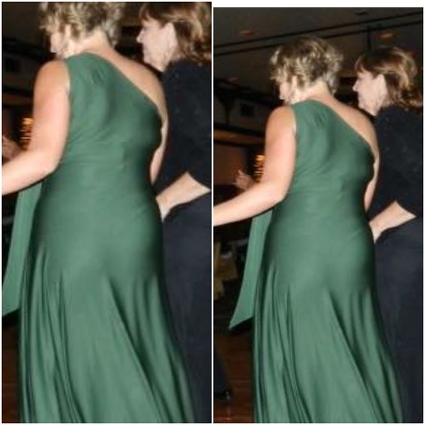 Panties showing through her green dress