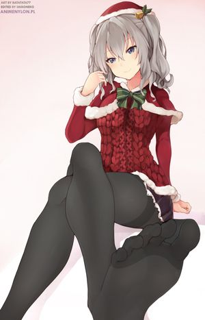 kantai collection kashima feet tights nylon anime giirl crossed legs santa costume black pantyhose