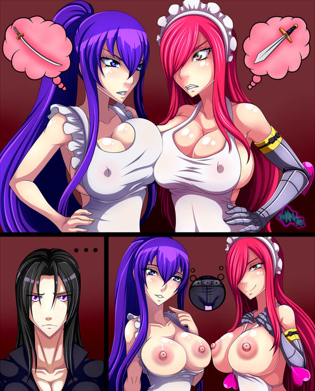 Two hot hentai babes have hardcore sex with a male who has big dick