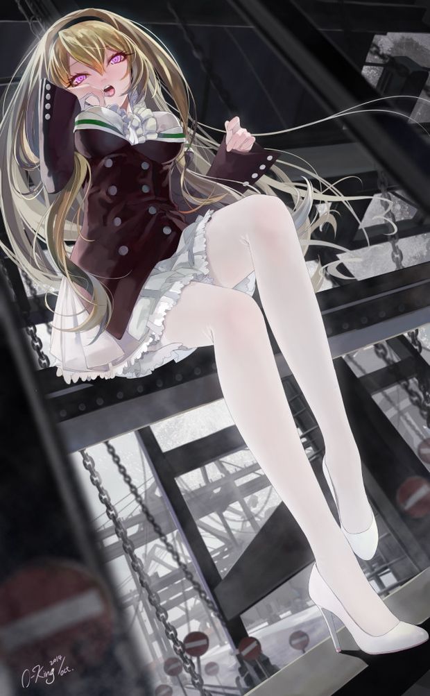white pantyhose nylon legs tights anime giirl high heels skirt blonde pink eyes