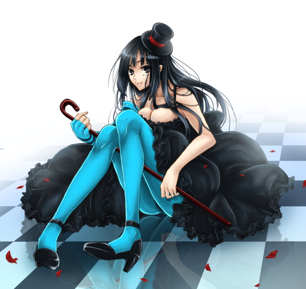 K-on akiyama mio blue pantyhose nylon legs tights high heels dress black hair anime giirl