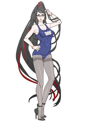 bayonetta black pantyhose tights nylon legs high heels schol swimsuit sukumizu glasses anime giirl