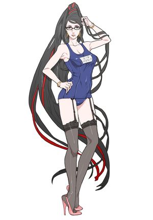 bayonetta black stgockings tights nylon legs high heels schol swimsuit sukumizu glasses anime giirl