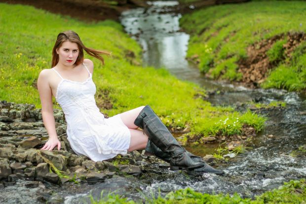 Cassie Outside By a Stream, White Dress and Black Boots