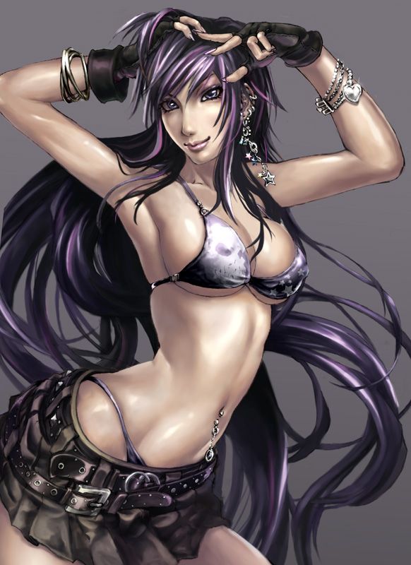 elt bikini_top blue_eyes breasts cleavage curvy earrings erect_nipples fingerless_gloves gloves jewelry long_hair midriff miniskirt multicolored_hair nail_polish navel navel_piercing piercing pink_nails sadakage skirt solo underboob