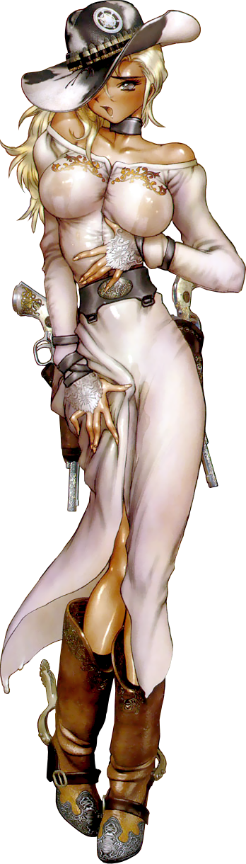 belt blonde_hair boots breasts collar cowboy_boots cowboy_hat dress full_body gun hat highres juliona_trans juriona_trans lactation large_breasts long_hair long_image nipples open_mouth pussy_juice shirou_masamune solo spurs tall_image transparent_backgro