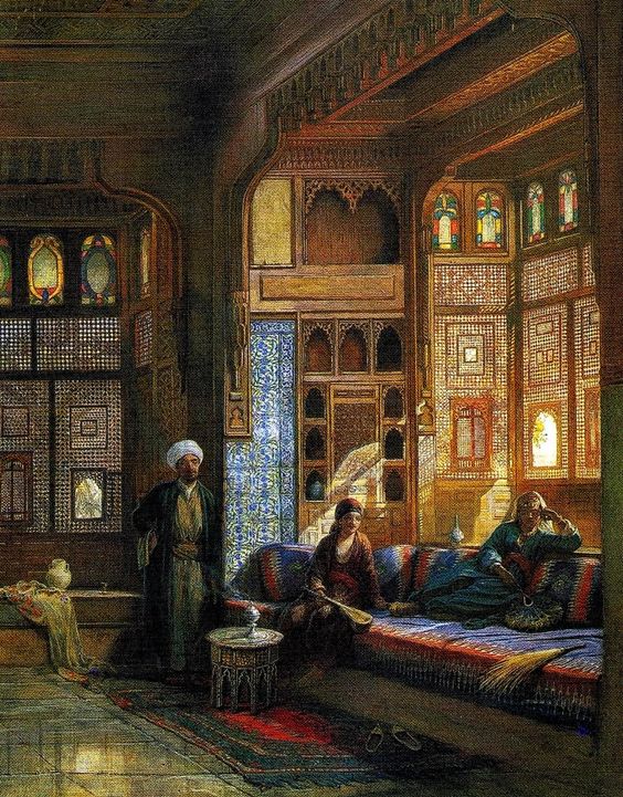A room in the house of Sheik Sadat Cairo Qa'ah, a painting by Frank Dillon 1875
